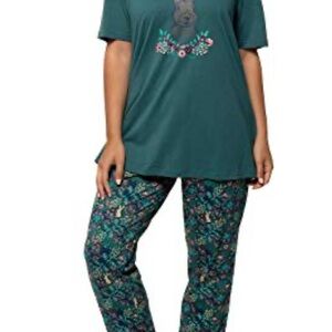 Ulla Popken Teal adorable bunny, print top with pants hundred percent cotton